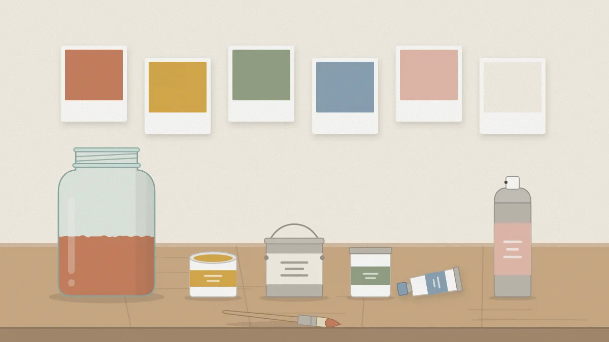 Four small paint containers of different types with a brush and a spray can beside a half-painted jar