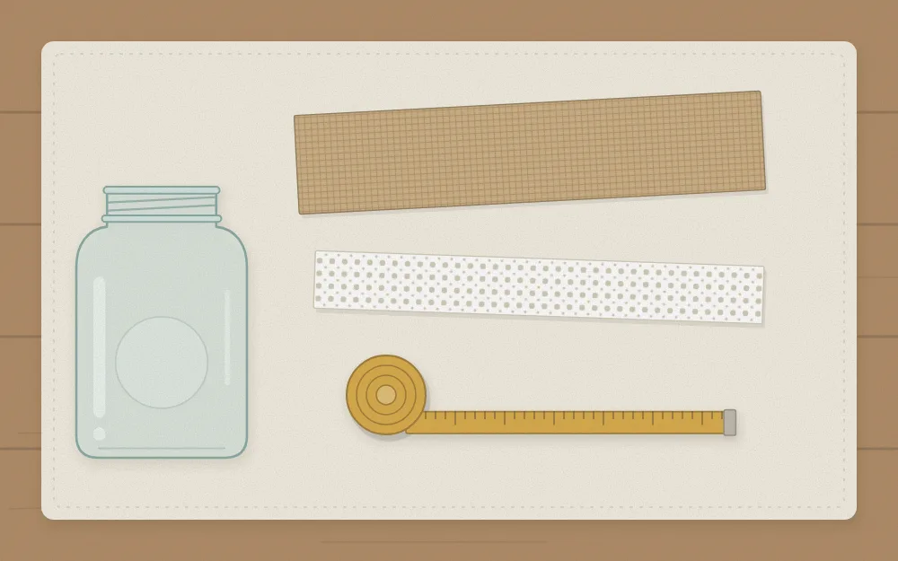A strip of burlap, a strip of lace and a tape measure laid flat beside a jar