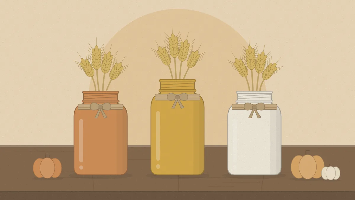 Three jars in muted orange, mustard and cream with twine at the neck, holding wheat stems beside small pumpkins