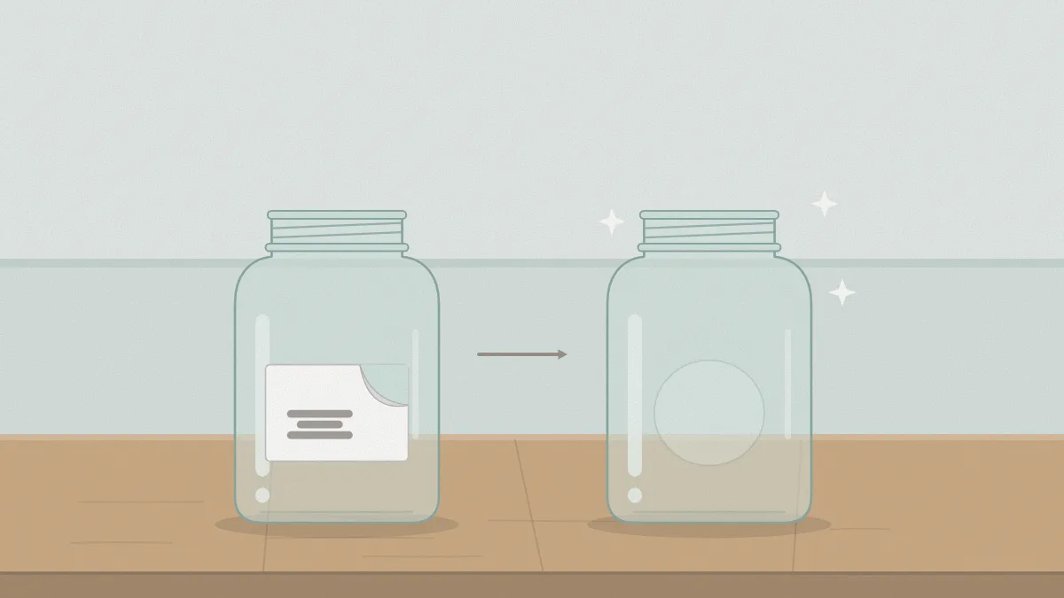 Two jars side by side, one with a half-peeled paper label and one clean and clear