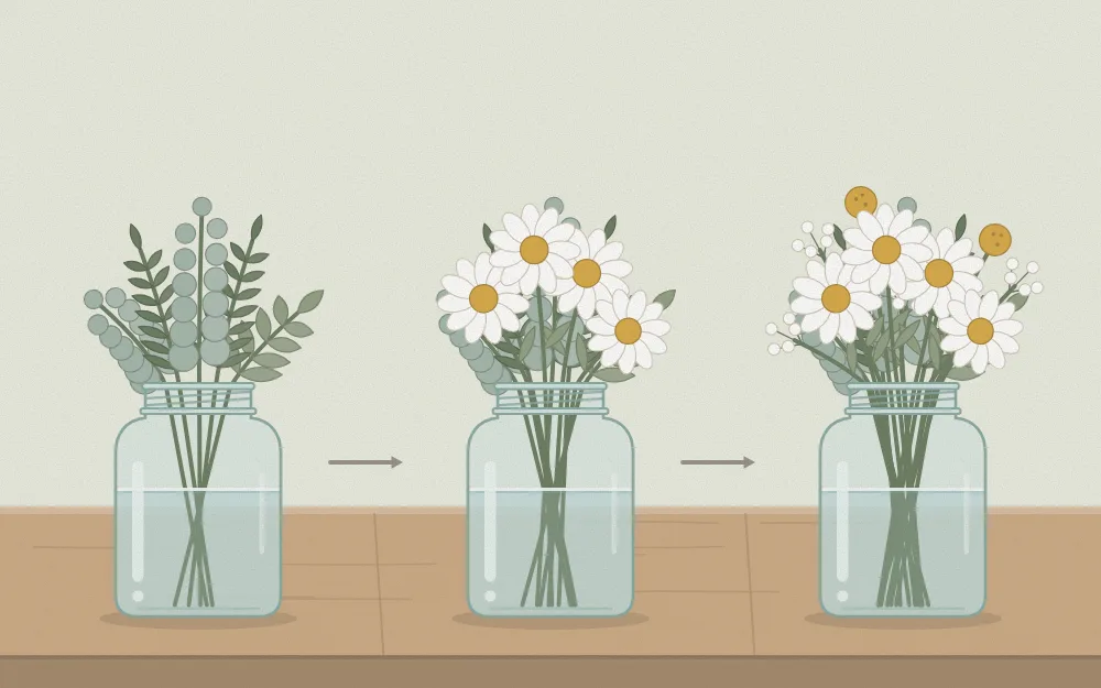 Three steps side by side: a jar with greenery only, the same jar with focal flowers added, then with filler flowers