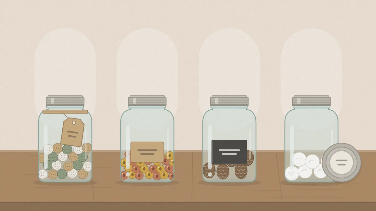 Four jars with different labels: a hang tag on twine, a kraft sticker, a dark chalkboard panel and a round lid label