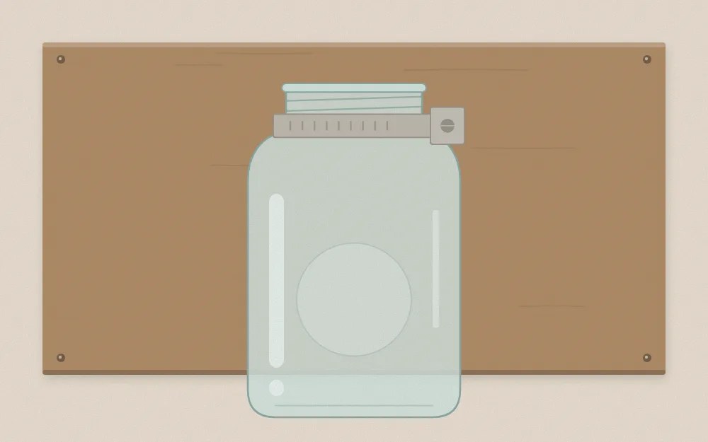 Close view of one jar seated in a metal ring clamp fixed to a board