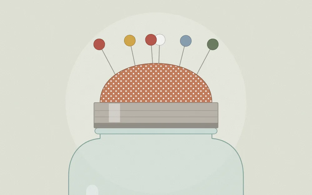 Close view of a padded fabric pincushion lid with several pins pushed into it