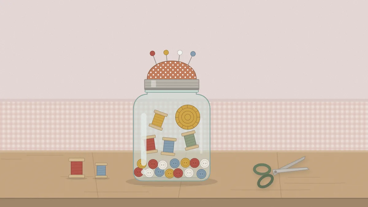 A pint jar filled with thread spools, buttons and a tape measure, topped with a round padded pincushion holding pins
