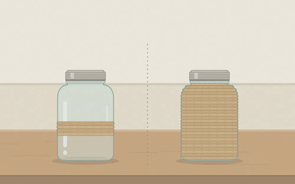 Two jars compared: one with a narrow twine band around the middle, one wrapped fully to the neck